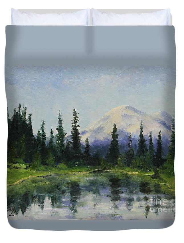 Mountains Duvet Cover featuring the painting Picnic by the Lake by Maria Hunt