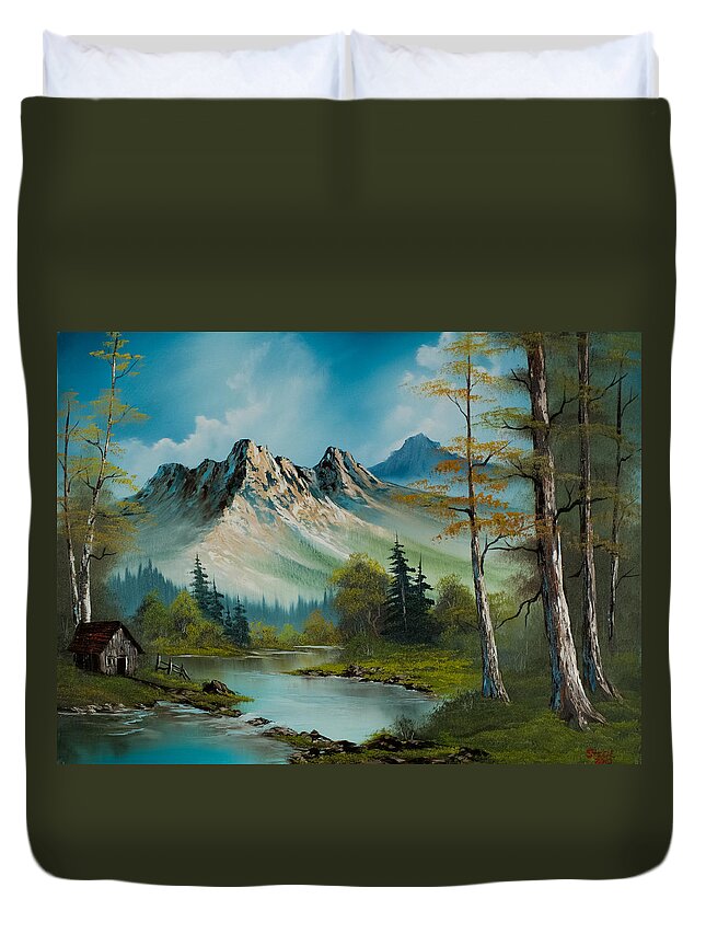 Landscape Duvet Cover featuring the painting Mountain Retreat by Chris Steele