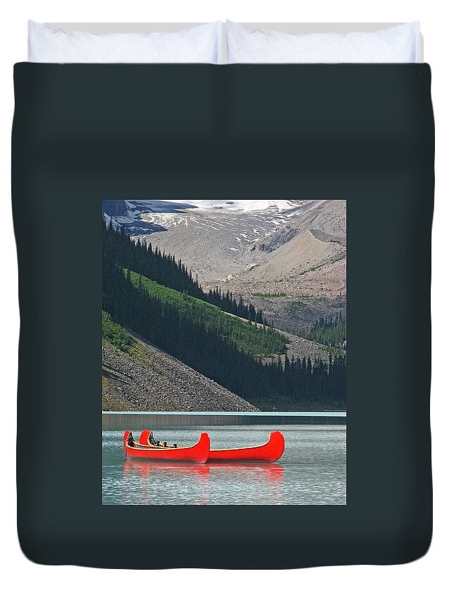 Red Duvet Cover featuring the photograph Mountain Canoes by Marcia Socolik