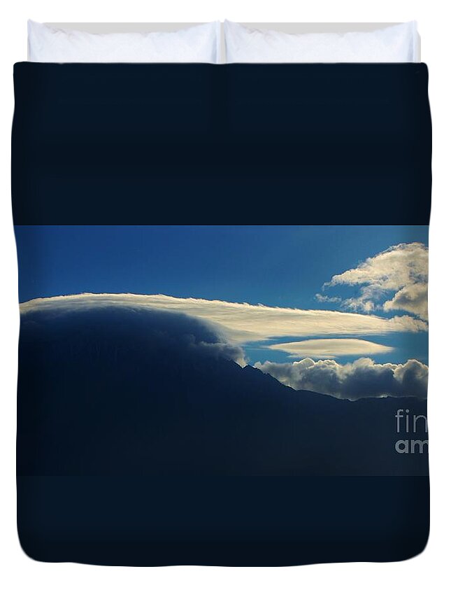 Lenticular Cloud Duvet Cover featuring the photograph MounTaiN CaP by Angela J Wright