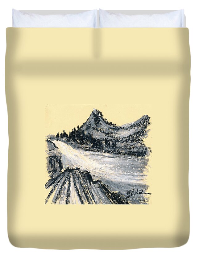 Mountain Duvet Cover featuring the drawing Mountain In Oil Pastels by Lidija Ivanek - SiLa