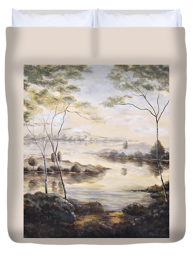 Mountain Duvet Cover featuring the painting Mountain Lake II by Katrina Nixon