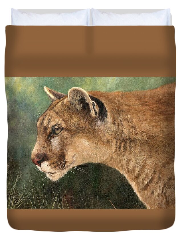 Animals Duvet Cover featuring the painting Mountain Lion by David Stribbling