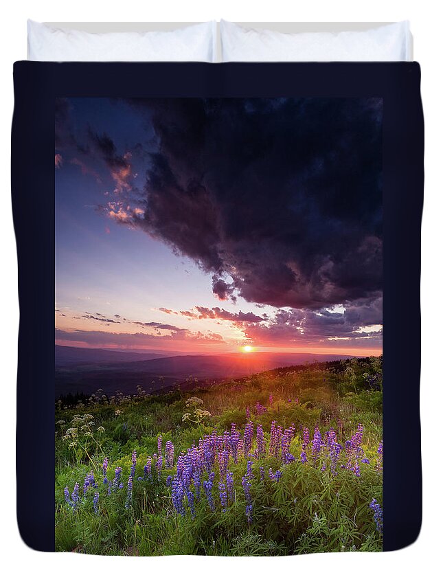 Scenics Duvet Cover featuring the photograph Mountain Lupine Landscape Alpine Sunset by Adventure photo