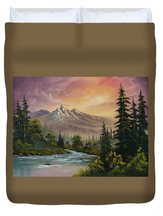 Landscape Duvet Cover featuring the painting Mountain Sunset by Chris Steele