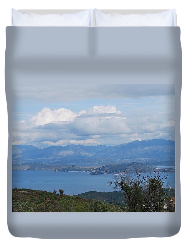 Corfu Duvet Cover featuring the photograph Mountains Far Away two by George Katechis