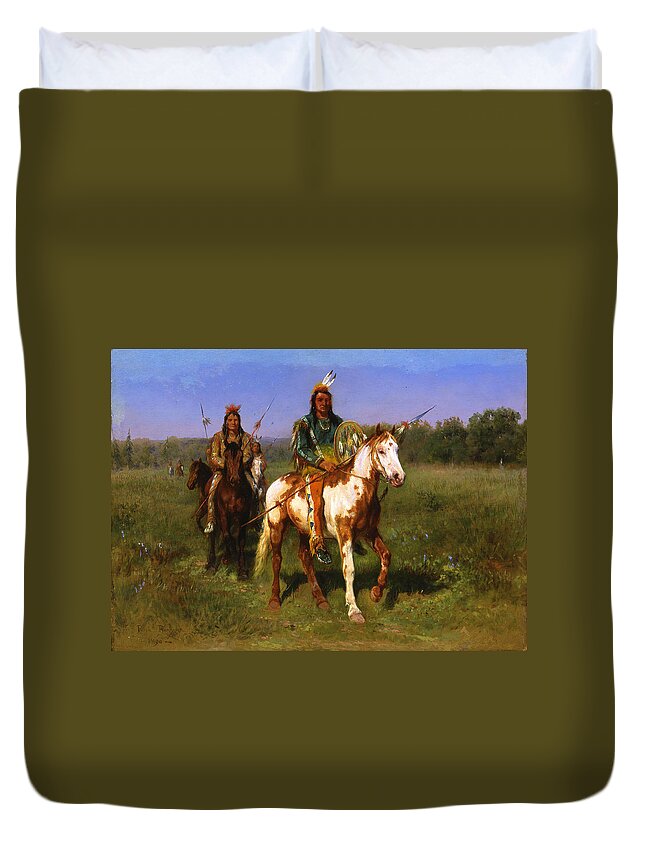 Rosa Bonheur Duvet Cover featuring the painting Mounted Indians Carrying Spears by Rosa Bonheur
