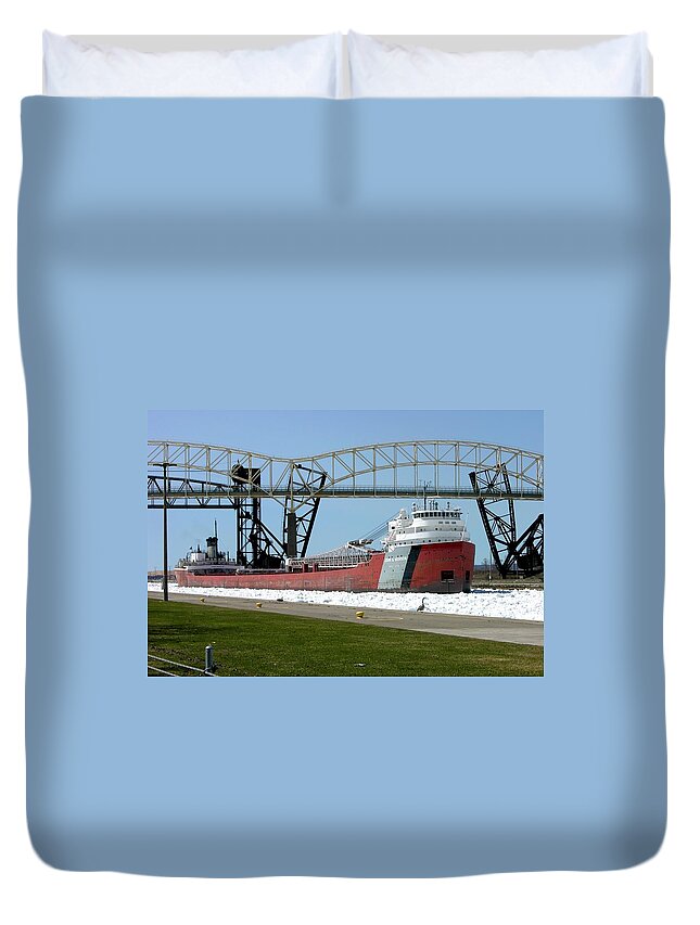 Great Lakes Duvet Cover featuring the photograph Moving through the ice to the Soo Locks by Keith Stokes