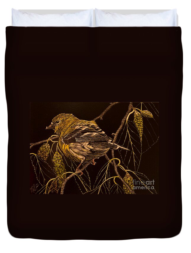 Female Goldfinch Duvet Cover featuring the painting Mrs Goldfinch by Margaret Sarah Pardy
