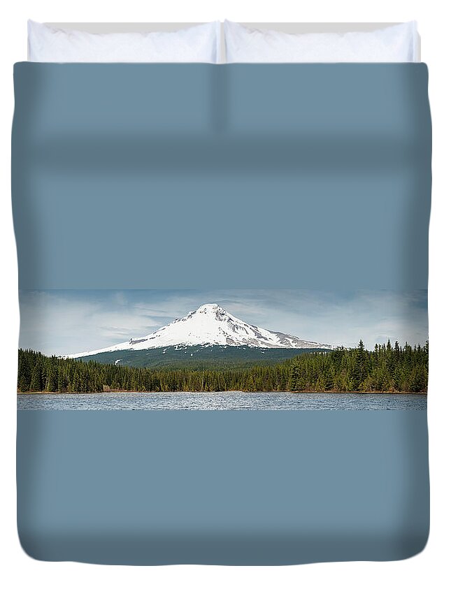 Water's Edge Duvet Cover featuring the photograph Mt Hood 3429m Volcano Towering Over by Fotovoyager