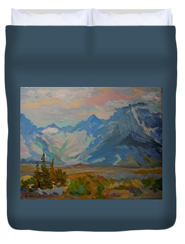 Landscape Duvet Cover featuring the painting Mt. Moran by Francine Frank