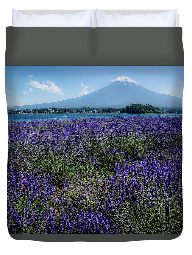 Tranquility Duvet Cover featuring the photograph Mt.fuji And Lavender by Blueridgewalker