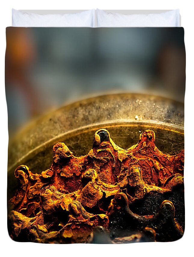 Gear Duvet Cover featuring the photograph Muddy Rusty Sprockets by Bob Orsillo