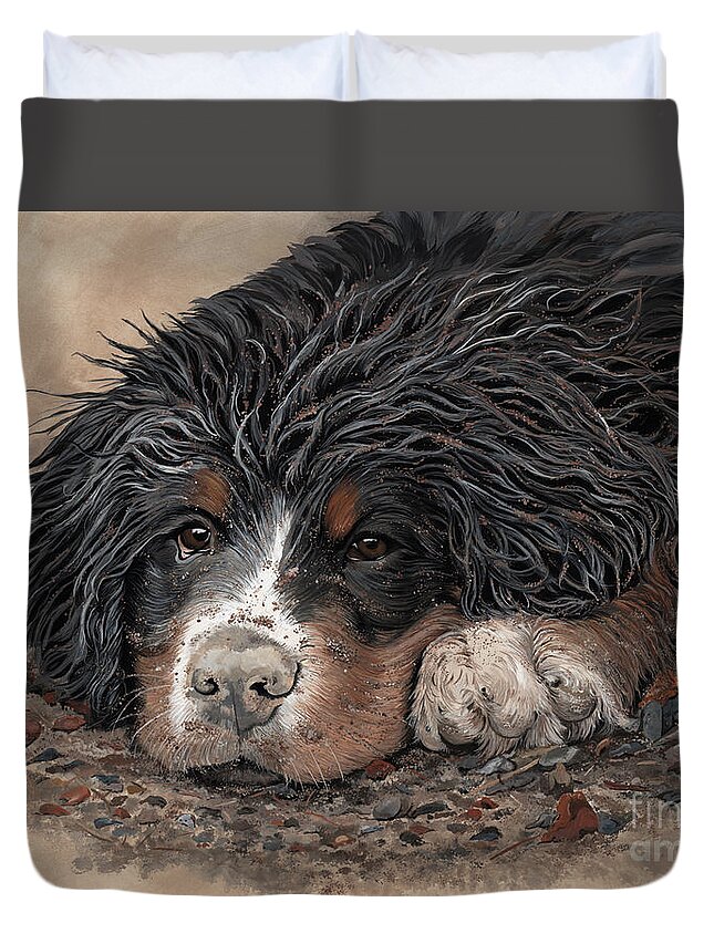Bernese Mountain Dog Duvet Cover featuring the painting Mudmagnet by Liane Weyers