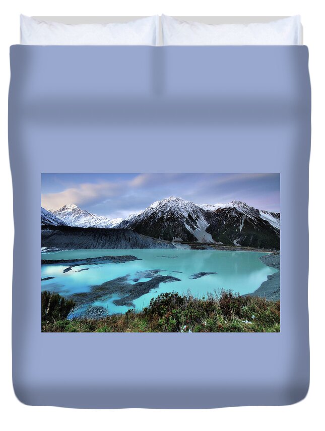 Scenics Duvet Cover featuring the photograph Mueller Glacier Lake And Mount Cook At by Nora Carol Photography