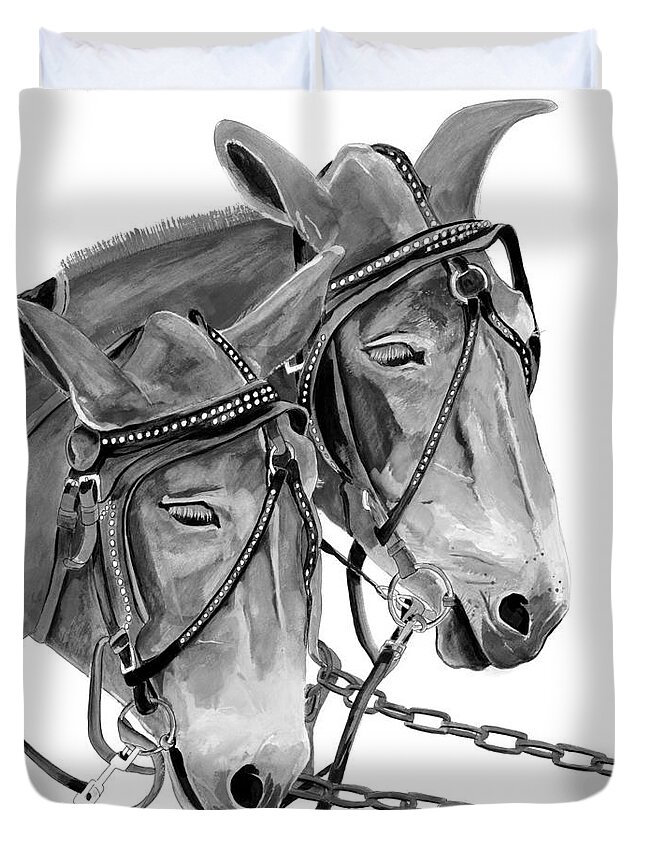 Mules Duvet Cover featuring the painting Mules - Beast of Burden - B and W by Jan Dappen