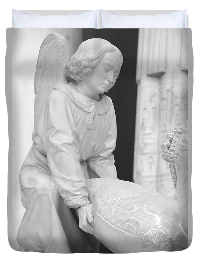 Angel Duvet Cover featuring the photograph Angel with stone pillow Pittsburgh Museum by Valerie Collins