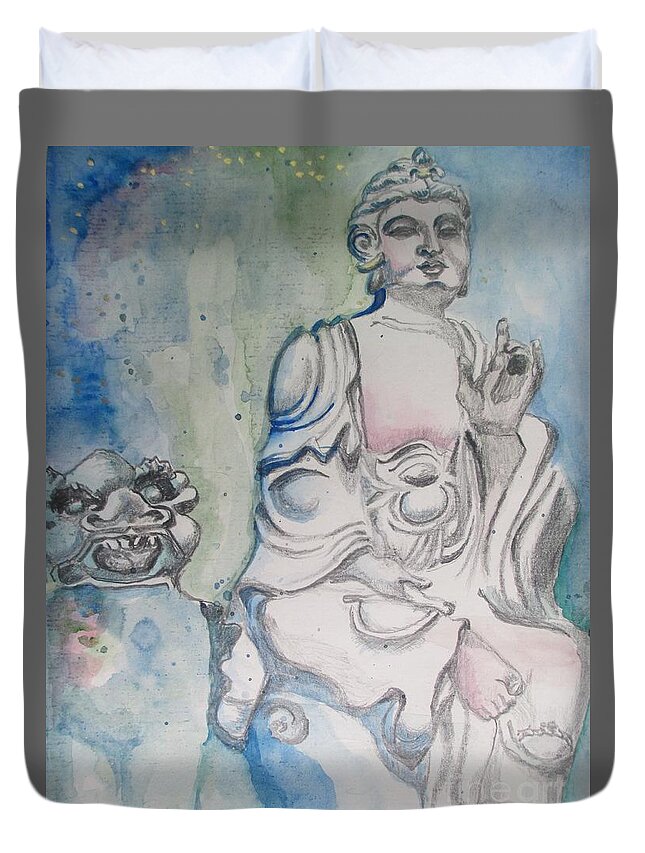 Buddha Duvet Cover featuring the painting Museum Presence by Lynn Maverick Denzer