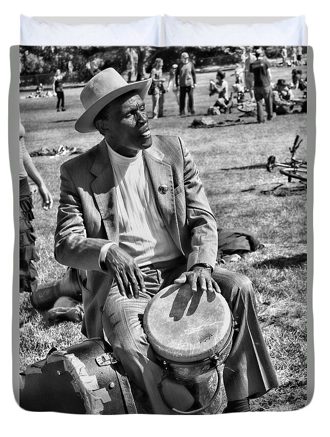 Drum. Bongo Duvet Cover featuring the photograph Music Man on Hippie Hill By Diana Sainz by Diana Raquel Sainz
