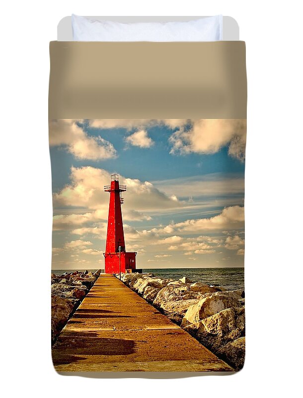 Muskegon Duvet Cover featuring the photograph Muskegon South Pier Light by Nick Zelinsky Jr