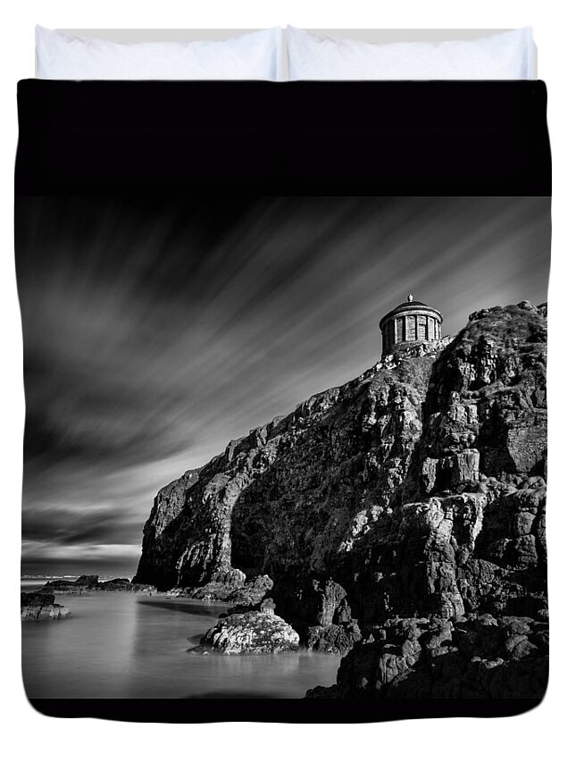 Mussenden Temple Duvet Cover featuring the photograph Mussenden Temple and Sea Stack by Nigel R Bell