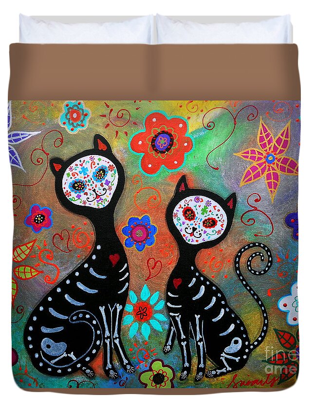 2 Duvet Cover featuring the painting My 2 Cats Dia De Los Muertos by Pristine Cartera Turkus