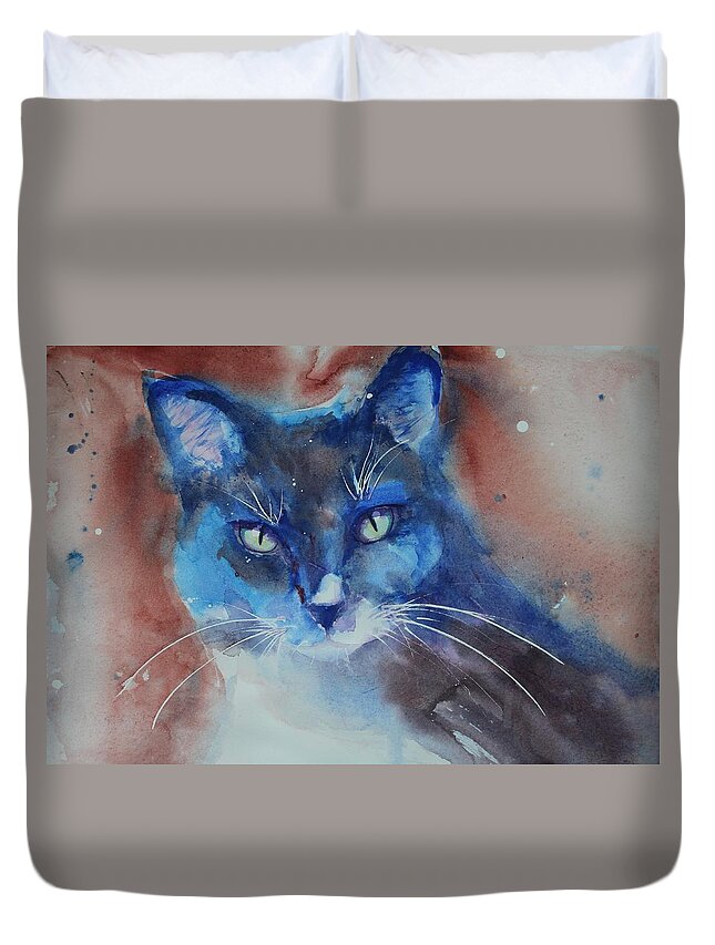 Cat Duvet Cover featuring the painting My Cat Spook by Ruth Kamenev