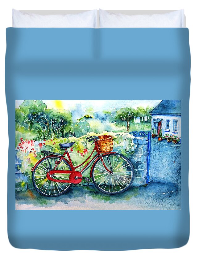 Bicycle Duvet Cover featuring the painting My Red Bicycle by Trudi Doyle