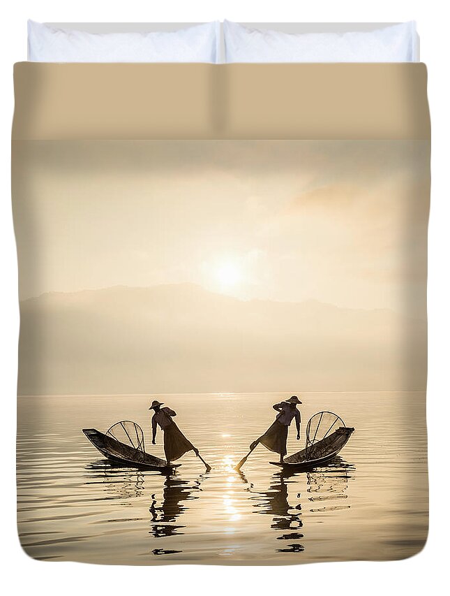 Young Men Duvet Cover featuring the photograph Myanmar, Fishermen On Inle Lake At by Martin Puddy