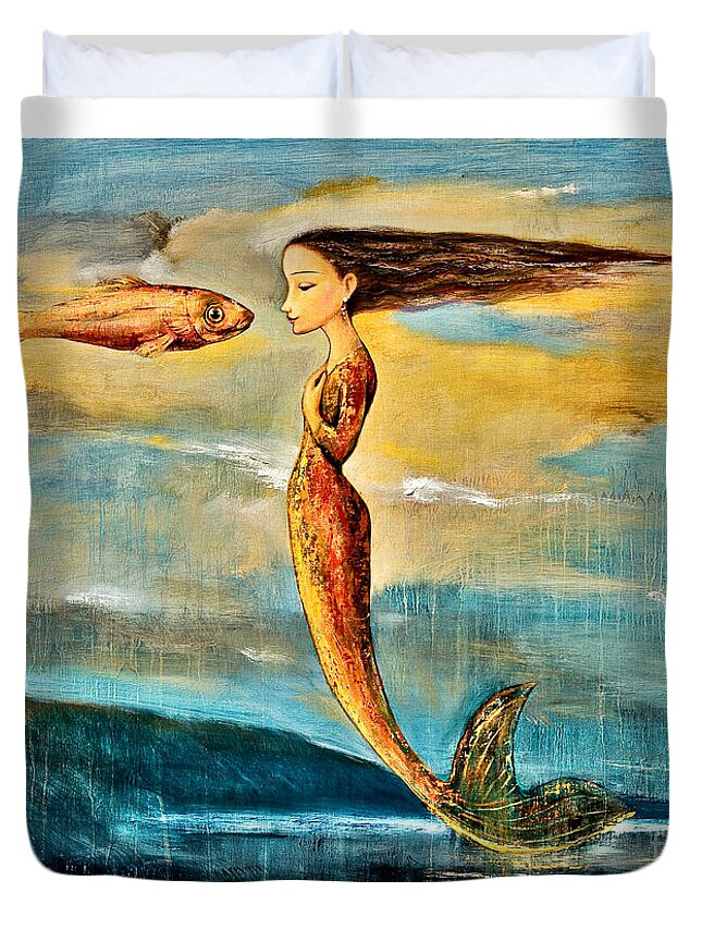 Mermaid Art Duvet Cover featuring the painting Mystic Mermaid III by Shijun Munns