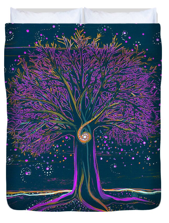 First Star Duvet Cover featuring the painting Mystic Spiral Tree 1 purple by First Star Art
