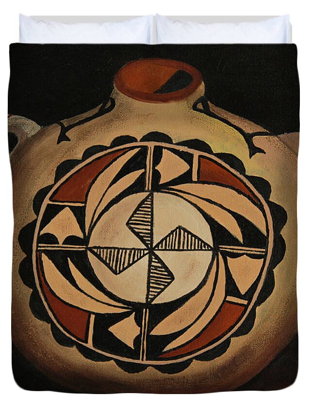 Native American Pottery Duvet Cover featuring the painting Native American Pottery Jug by Petra Stephens