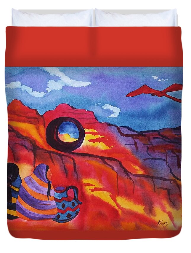 Window Rock Duvet Cover featuring the painting Native Women at Window Rock by Ellen Levinson