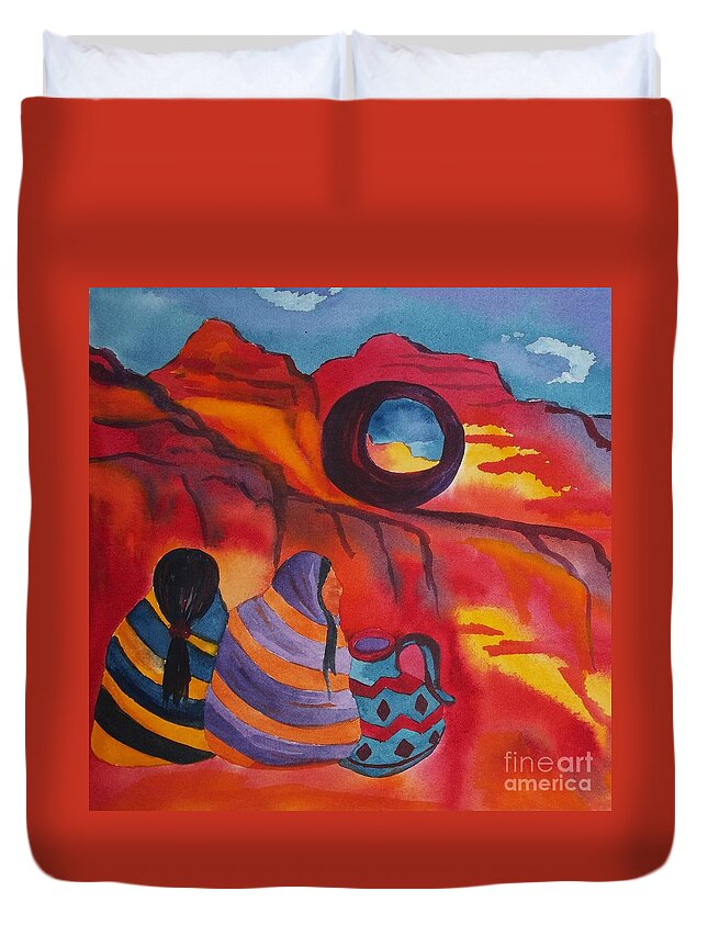 Window Rock Duvet Cover featuring the painting Native Women at Window Rock Square by Ellen Levinson