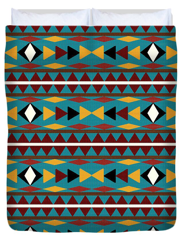 Navajo Duvet Cover featuring the mixed media Navajo Teal Pattern by Christina Rollo