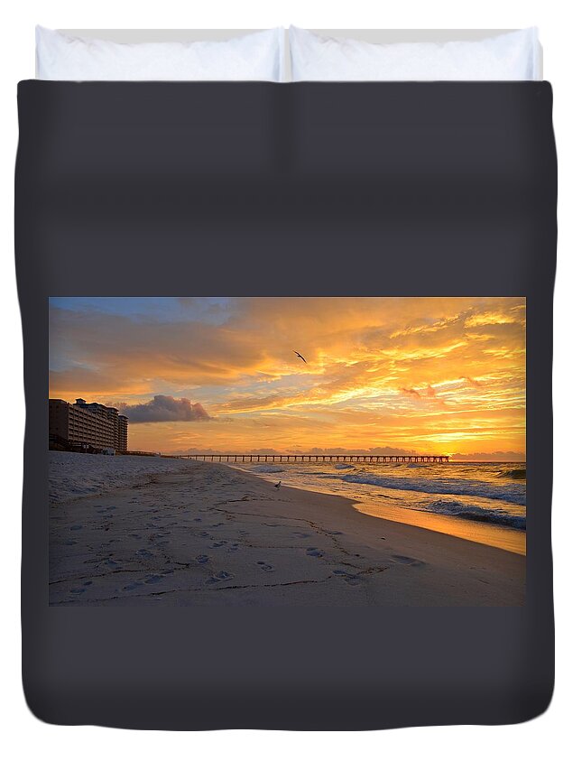 Navarre Pier Duvet Cover featuring the photograph Navarre Pier and Navarre Beach Skyline at Sunrise with Gulls by Jeff at JSJ Photography