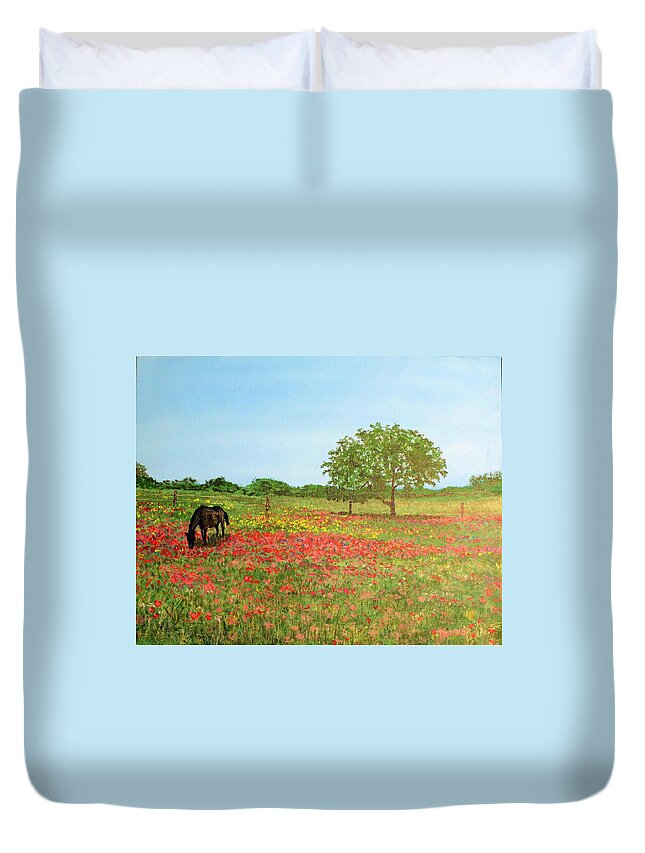 Horde Flowers Landscape Duvet Cover featuring the painting Nelley Eating Flowers by William Tremble