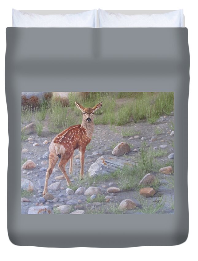 Mule Deer Fawn Duvet Cover featuring the painting New Beginnings 2 by Tammy Taylor