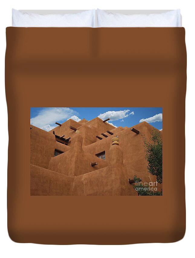 New Mexico Duvet Cover featuring the photograph New Mexico Adobe Blue Sky Horizontal by Heather Kirk