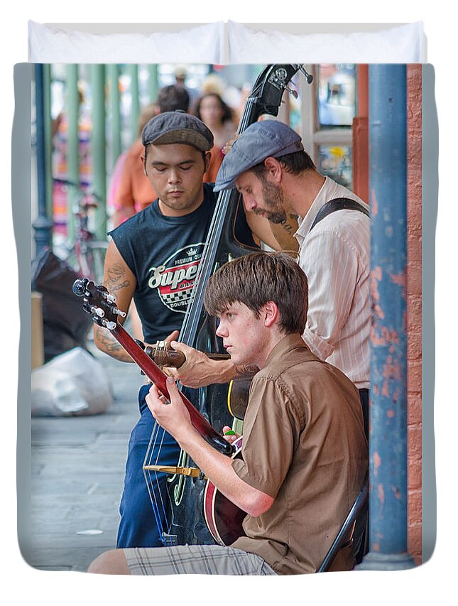 Bass Duvet Cover featuring the photograph New Orleans Street Trio by Jim Shackett