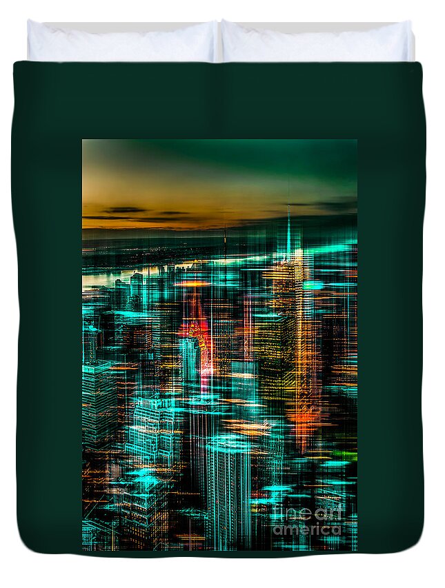 Nyc Duvet Cover featuring the photograph New York - the night awakes - green by Hannes Cmarits