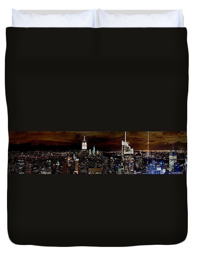New York Skyline Duvet Cover featuring the photograph New York at night panorama by Gary Eason