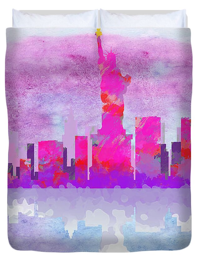 New York City Duvet Cover featuring the digital art New York City Silhouette - Hot Pink and Purple by Paulette B Wright