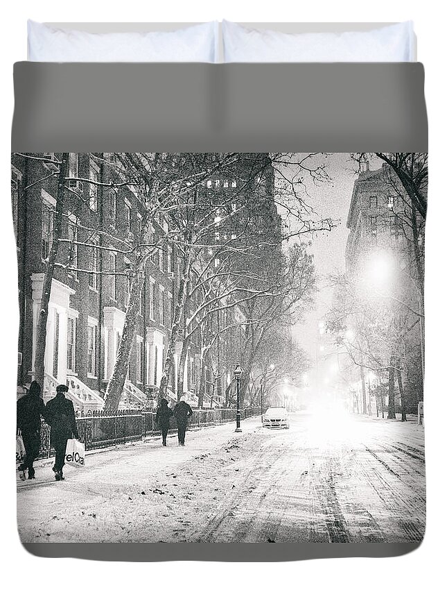 Nyc Duvet Cover featuring the photograph New York City - Winter Night in the Snow at Washington Square by Vivienne Gucwa