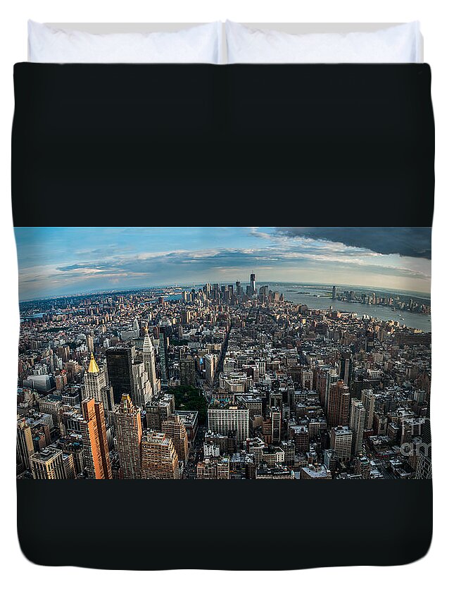 Manhatten Duvet Cover featuring the photograph New York from a birds eyes - fisheye by Hannes Cmarits