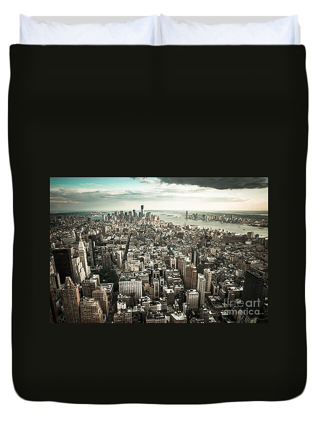 Manhatten Duvet Cover featuring the photograph New York from above - vintage by Hannes Cmarits