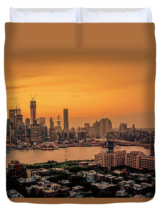 New York Duvet Cover featuring the photograph New York Sunset - Skylines of Manhattan and Brooklyn by Vivienne Gucwa