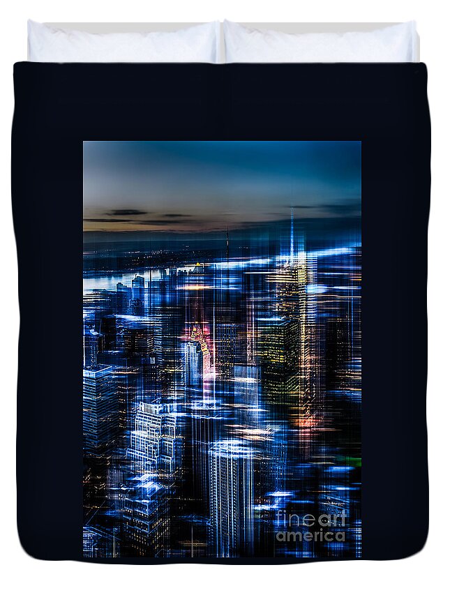 Nyc Duvet Cover featuring the photograph New York - the night awakes - blue I by Hannes Cmarits
