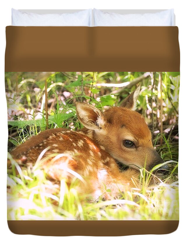 Fawn Duvet Cover featuring the photograph Newborn Fawn by Angie Rea