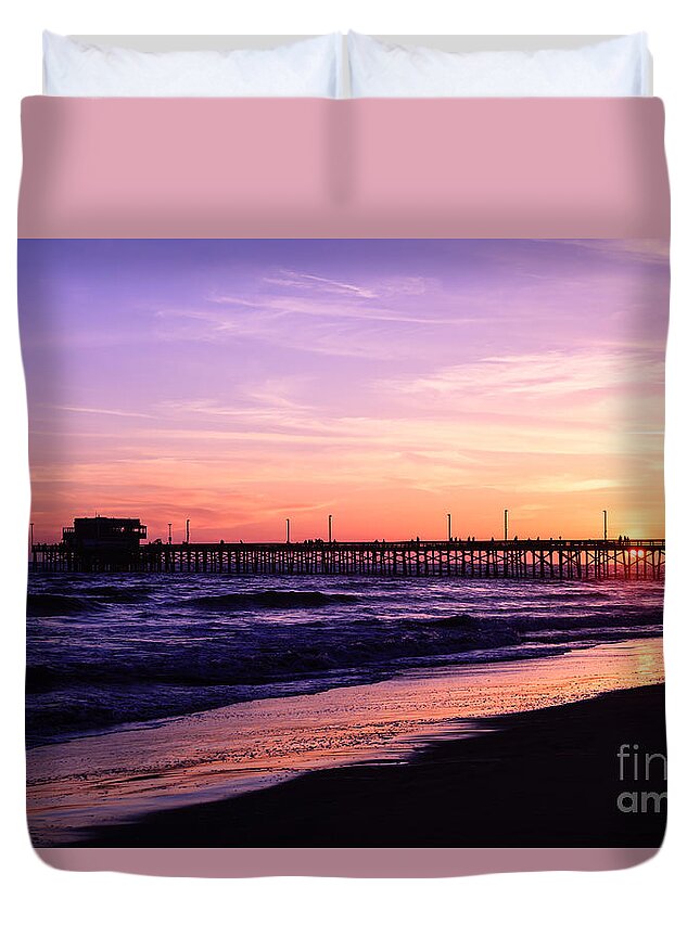 America Duvet Cover featuring the photograph Newport Beach Pier Sunset in Orange County California by Paul Velgos